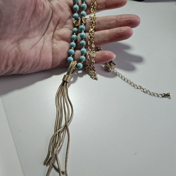 Unbranded Jewelry - Gold Tone Long Necklace With Turquoise And Tassel Pendant 40 To 43"